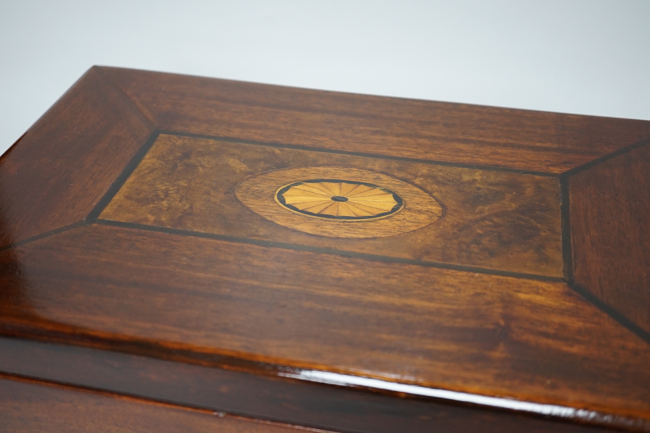 A Victorian mahogany shell inlay writing slope, with interior red Morocco leather stationery sleeve, slope, 40.5cm x 13.5cm high